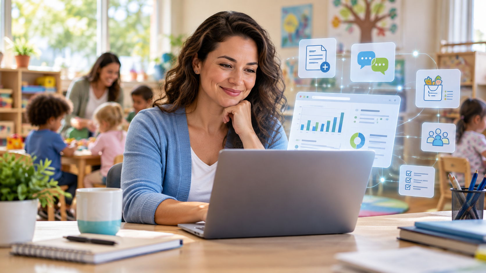 AI in childcare management helping a childcare administrator streamline paperwork, communication, reporting, and daily operations.