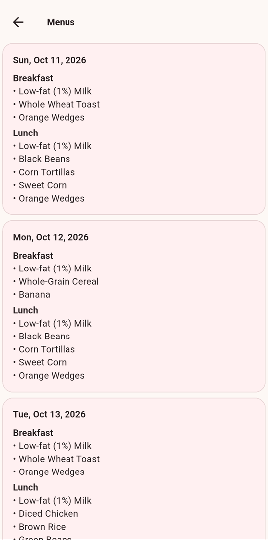 The week's menus in the ChildWatch family app, day by day for breakfast and lunch