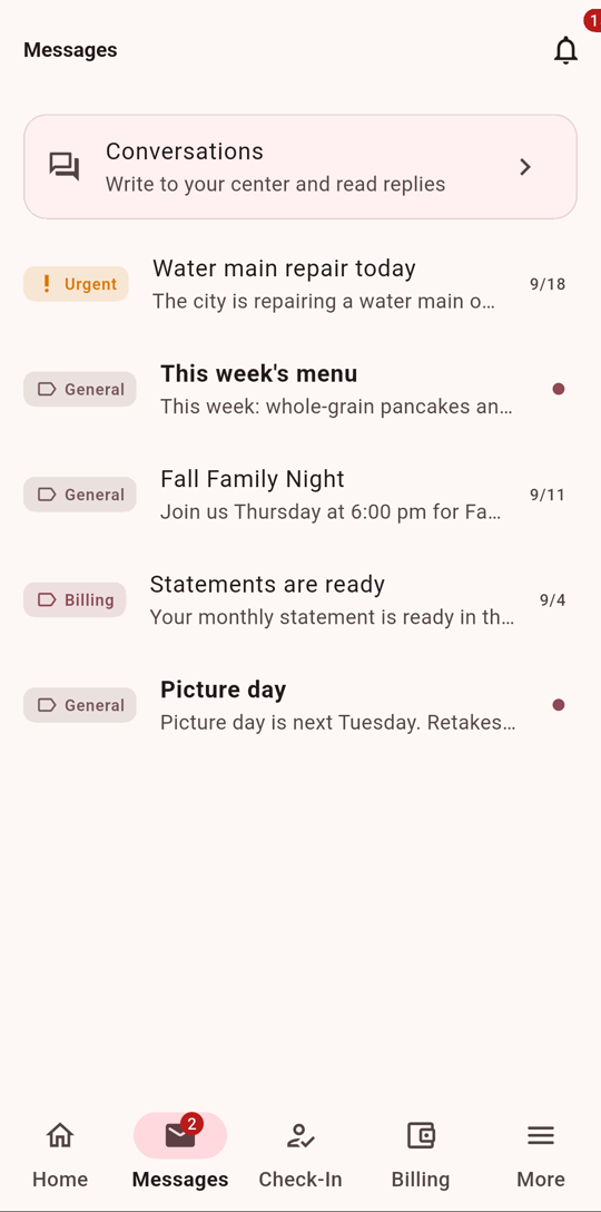 The ChildWatch family app on a parent's phone: messages from the provider, with Check-In and Billing tabs